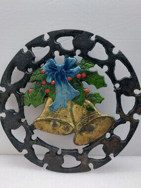 Vintage Cast Iron Metal Trivet Hot Pot With Painted Christmas Bells